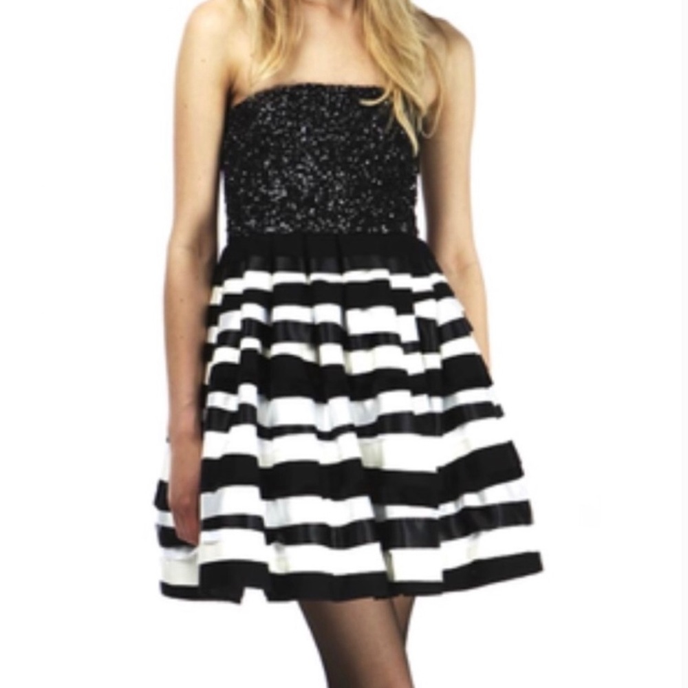 Alice + Olivia Black Sequin Strapless Dress with Black and White Striped Skirt